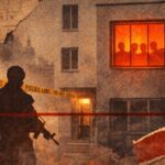 Silhouette of an armed officer at a crime scene, with police tape reading 'Do Not Cross' and a burning orange window showing silhouettes in a damaged building. - برفيلكس - brieflex