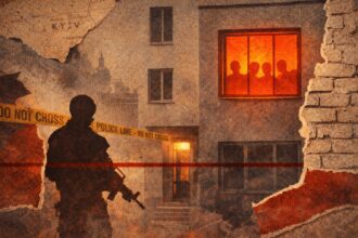 Silhouette of an armed officer at a crime scene, with police tape reading 'Do Not Cross' and a burning orange window showing silhouettes in a damaged building.