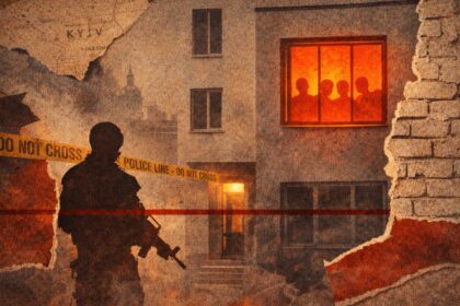 Silhouette of an armed officer at a crime scene, with police tape reading 'Do Not Cross' and a burning orange window showing silhouettes in a damaged building. - برفيلكس - brieflex