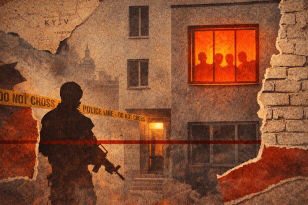 Silhouette of an armed officer at a crime scene, with police tape reading 'Do Not Cross' and a burning orange window showing silhouettes in a damaged building. - برفيلكس - brieflex