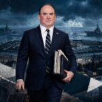 A suited man carrying a briefcase and folders walks forward against a patriotic, warroom backdrop with ships and a government building in the background (no identification). - برفيلكس - brieflex