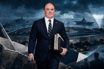 A suited man carrying a briefcase and folders walks forward against a patriotic, warroom backdrop with ships and a government building in the background (no identification). - برفيلكس - brieflex