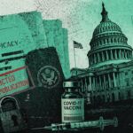 Vaccine vial and syringe in front of the U.S. Capitol with a red 'Restricted — Not for Publication' stamp and a government seal in the background. - برفيلكس - brieflex