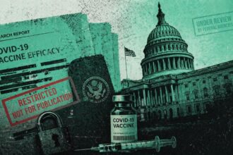 Vaccine vial and syringe in front of the U.S. Capitol with a red 'Restricted — Not for Publication' stamp and a government seal in the background.