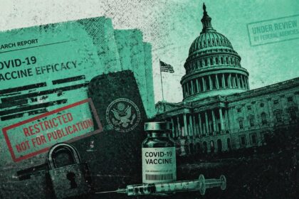 Vaccine vial and syringe in front of the U.S. Capitol with a red 'Restricted — Not for Publication' stamp and a government seal in the background. - برفيلكس - brieflex