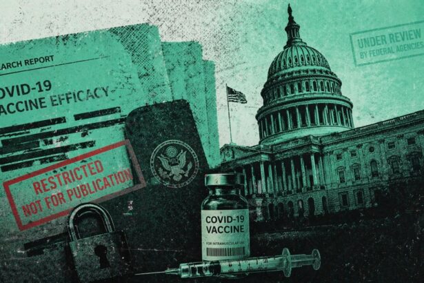 Vaccine vial and syringe in front of the U.S. Capitol with a red 'Restricted — Not for Publication' stamp and a government seal in the background. - برفيلكس - brieflex