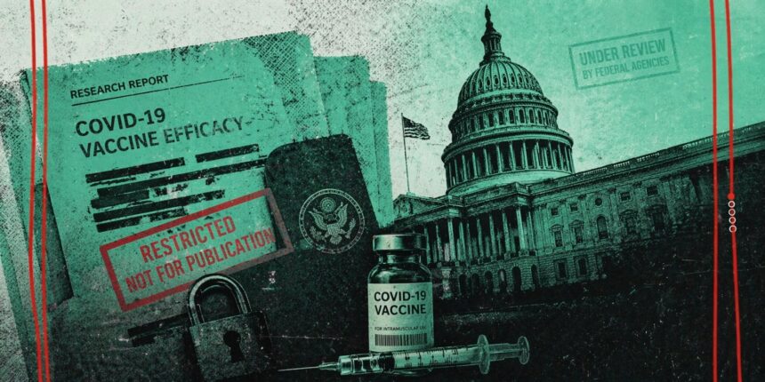Vaccine vial and syringe in front of the U.S. Capitol with a red 'Restricted — Not for Publication' stamp and a government seal in the background. - برفيلكس - brieflex