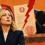 Professional woman in a dark blazer stands in front of a political collage with flags (Italy, Russia) and a torn document image. - برفيلكس - brieflex