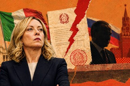 Professional woman in a dark blazer stands in front of a political collage with flags (Italy, Russia) and a torn document image. - برفيلكس - brieflex