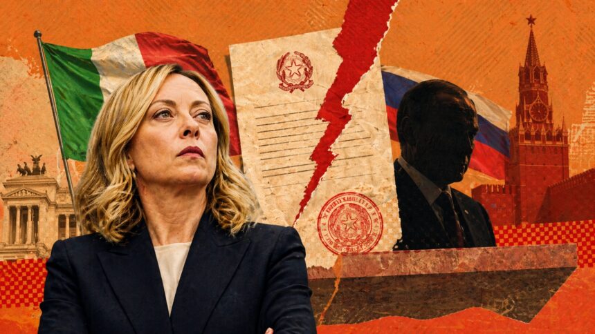 Professional woman in a dark blazer stands in front of a political collage with flags (Italy, Russia) and a torn document image. - برفيلكس - brieflex