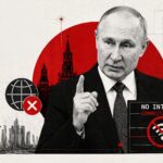 Political collage featuring Vladimir Putin with a 'No Internet' sign and red/black cyber-graphic elements conveying internet censorship and control themes. - برفيلكس - brieflex