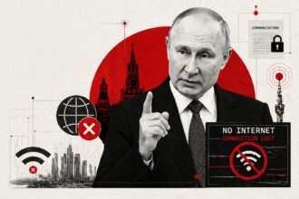 Political collage featuring Vladimir Putin with a 'No Internet' sign and red/black cyber-graphic elements conveying internet censorship and control themes.
