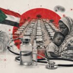 Medical aid scene in a refugee camp with a nurse wearing PPE, vaccines and a stethoscope in foreground, flag of Sudan in the background - برفيلكس - brieflex