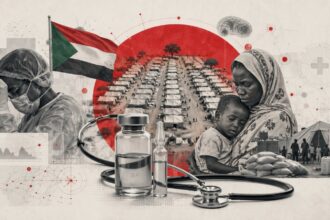 Medical aid scene in a refugee camp with a nurse wearing PPE, vaccines and a stethoscope in foreground, flag of Sudan in the background