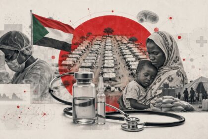 Medical aid scene in a refugee camp with a nurse wearing PPE, vaccines and a stethoscope in foreground, flag of Sudan in the background - برفيلكس - brieflex