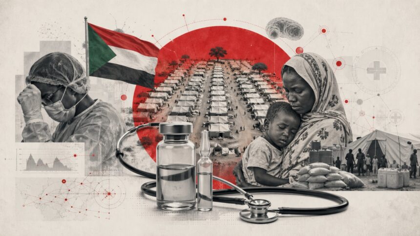 Medical aid scene in a refugee camp with a nurse wearing PPE, vaccines and a stethoscope in foreground, flag of Sudan in the background - برفيلكس - brieflex