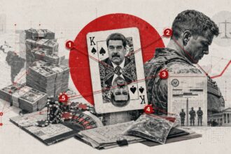 Collage showing money, casino chips, a playing card with a portrait, a soldier, and legal documents linked by red lines and arrows (themes of crime, law, and finance).