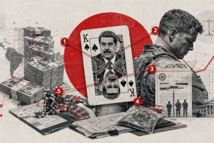 Collage showing money, casino chips, a playing card with a portrait, a soldier, and legal documents linked by red lines and arrows (themes of crime, law, and finance). - برفيلكس - brieflex