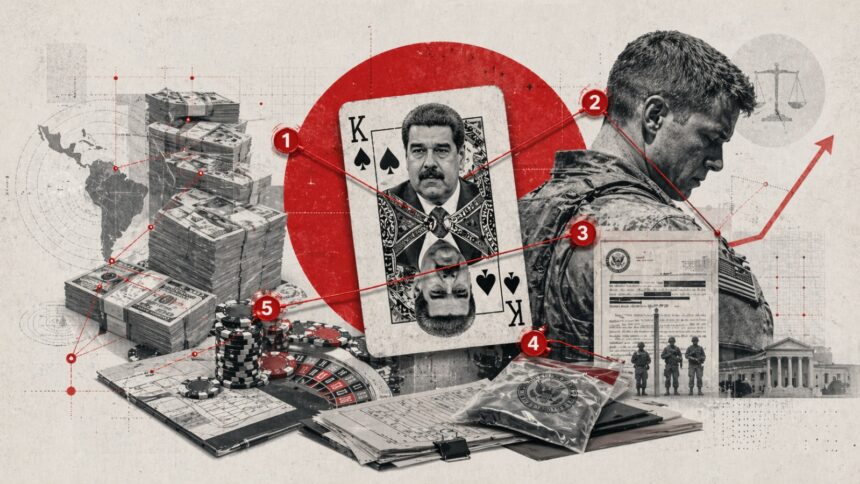 Collage showing money, casino chips, a playing card with a portrait, a soldier, and legal documents linked by red lines and arrows (themes of crime, law, and finance). - برفيلكس - brieflex