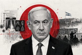 Collage featuring a stern man in a suit at center with a bold red circle behind, surrounded by medical images, monitors, and an Israeli flag suggests political-health themes.