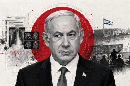 Collage featuring a stern man in a suit at center with a bold red circle behind, surrounded by medical images, monitors, and an Israeli flag suggests political-health themes.