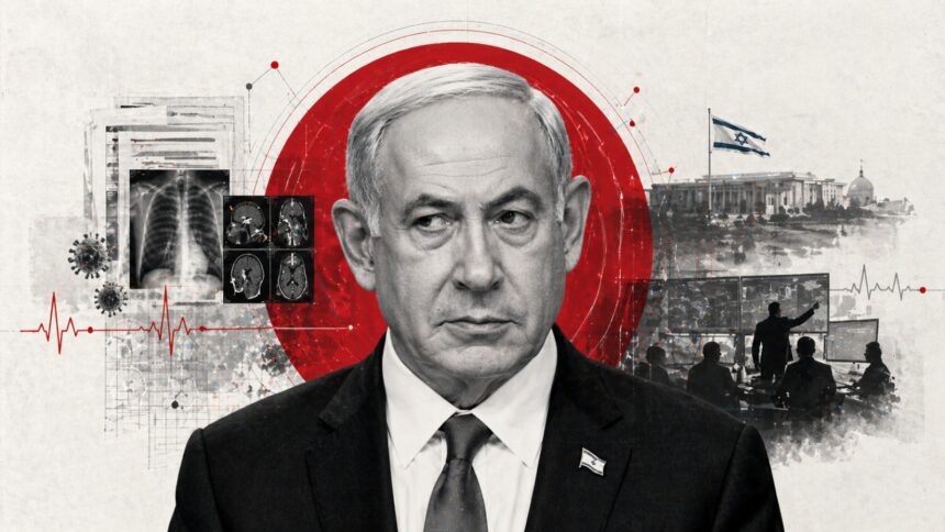Collage featuring a stern man in a suit at center with a bold red circle behind, surrounded by medical images, monitors, and an Israeli flag suggests political-health themes. - برفيلكس - brieflex