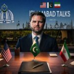 Diplomatic official seated at a desk with U.S., Pakistani, and Iranian flags, in front of an 'Islamabad Talks' banner. - برفيلكس - brieflex