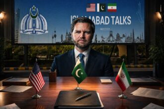 Diplomatic official seated at a desk with U.S., Pakistani, and Iranian flags, in front of an 'Islamabad Talks' banner.