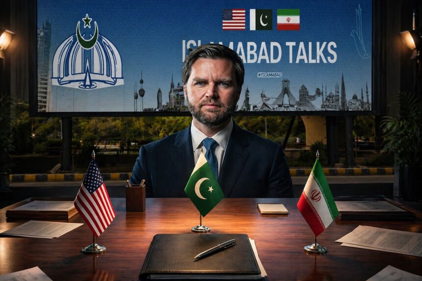 Diplomatic official seated at a desk with U.S., Pakistani, and Iranian flags, in front of an 'Islamabad Talks' banner. - برفيلكس - brieflex