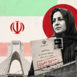Iranian woman in a headscarf holds an exit-ban document, with Iran's flag colors and landmarks like the Azadi Tower behind her. - برفيلكس - brieflex