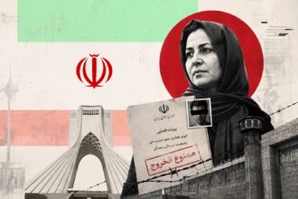 Iranian woman in a headscarf holds an exit-ban document, with Iran's flag colors and landmarks like the Azadi Tower behind her.