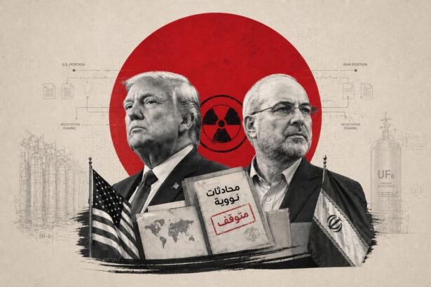 Collage of a stern-looking man resembling a U.S. president and another man, with a red nuclear symbol behind them, papers and flags suggesting US–Iran talks; Persian text on a stamped document reads 'halted' (وقف) and 'nuclear talks' (محادثات نووية). - برفيلكس - brieflex