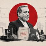 Infographic collage about Iran–U.S. nuclear negotiations: a man in a suit with documents, flags, and a UF6 cylinder against a red circle backdrop. - برفيلكس - brieflex