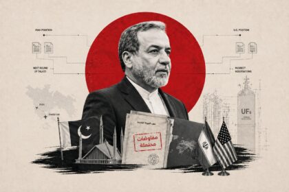 Infographic collage about Iran–U.S. nuclear negotiations: a man in a suit with documents, flags, and a UF6 cylinder against a red circle backdrop. - برفيلكس - brieflex