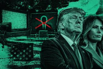 Green-toned political collage showing a man and a woman in suits with a patriotic backdrop, a monitor displaying a crossed-out silhouette.