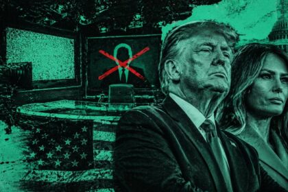Green-toned political collage showing a man and a woman in suits with a patriotic backdrop, a monitor displaying a crossed-out silhouette.