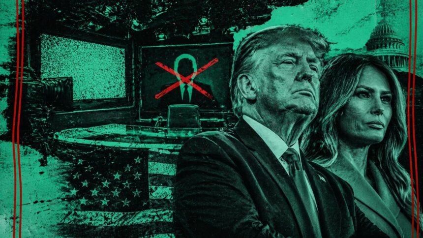 Green-toned political collage showing a man and a woman in suits with a patriotic backdrop, a monitor displaying a crossed-out silhouette. - برفيلكس - brieflex