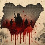 Halftone map of Africa with red blood-like drips, soldiers marching, and a gunner in a pickup on a war-torn landscape with rubble in the background. - برفيلكس - brieflex