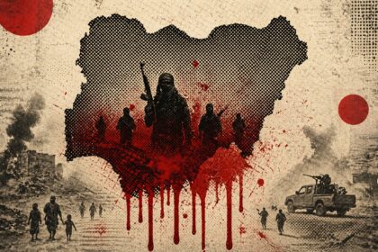 Halftone map of Africa with red blood-like drips, soldiers marching, and a gunner in a pickup on a war-torn landscape with rubble in the background.