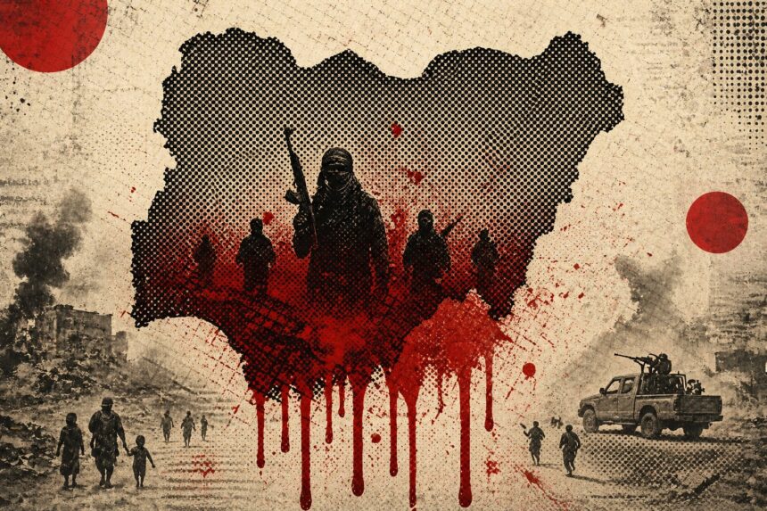 Halftone map of Africa with red blood-like drips, soldiers marching, and a gunner in a pickup on a war-torn landscape with rubble in the background. - برفيلكس - brieflex
