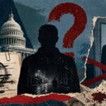 Collage showing an investigation theme: silhouette in front of a red question mark, with the U.S. Capitol, torn papers, and a magnifying glass on documents to the left, plus a man behind a doorway on the right. - برفيلكس - brieflex