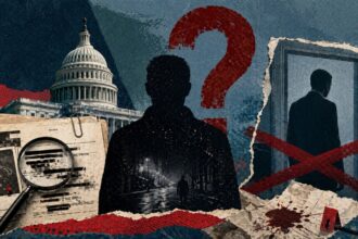 Collage showing an investigation theme: silhouette in front of a red question mark, with the U.S. Capitol, torn papers, and a magnifying glass on documents to the left, plus a man behind a doorway on the right.