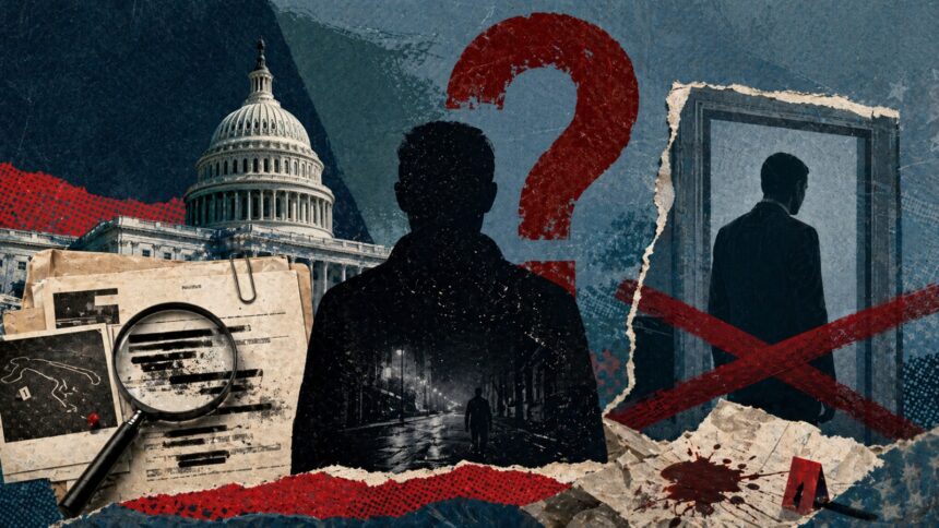 Collage showing an investigation theme: silhouette in front of a red question mark, with the U.S. Capitol, torn papers, and a magnifying glass on documents to the left, plus a man behind a doorway on the right. - برفيلكس - brieflex