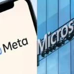 Left: Meta logo on a smartphone screen; Right: Microsoft sign on a blue glass building (split image). - برفيلكس - brieflex