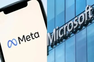 Left: Meta logo on a smartphone screen; Right: Microsoft sign on a blue glass building (split image).