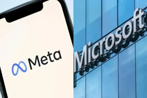 Left: Meta logo on a smartphone screen; Right: Microsoft sign on a blue glass building (split image).
