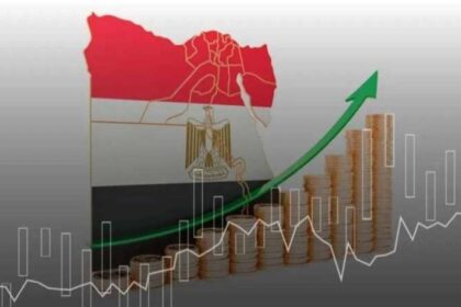 Egyptian flag behind rising coins and a green arrow showing economic growth in Egypt, with overlayed charts.