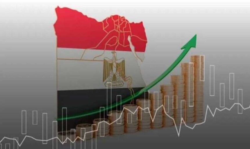 Egyptian flag behind rising coins and a green arrow showing economic growth in Egypt, with overlayed charts. - برفيلكس - brieflex
