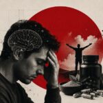 A distressed man holds his head while a brain diagram hovers above; a red sun backdrop frames a bottle of pills, powder, and capsules to the right.
