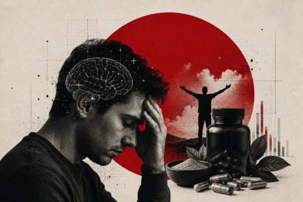 A distressed man holds his head while a brain diagram hovers above; a red sun backdrop frames a bottle of pills, powder, and capsules to the right.